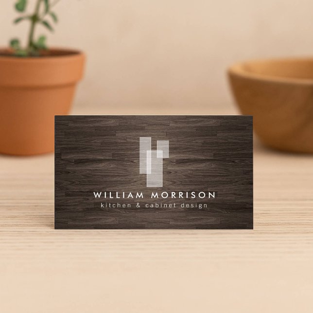 Modern Architectural Blocks Logo II on Dark Wood Business Card (Creator Uploaded)