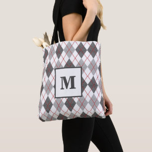 Modern Argyle Plaid Red Grey Silver Monogram Tote Bag