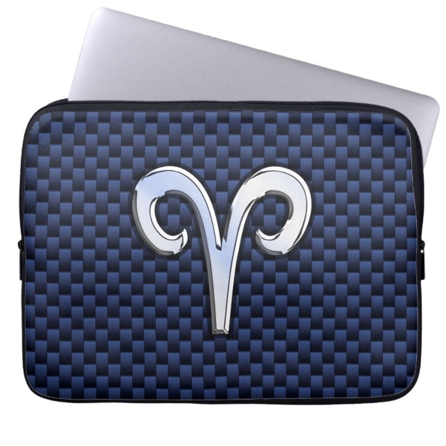 Modern Aries Zodiac Sign Blue Carbon Fibre Decor Laptop Sleeve (Front)