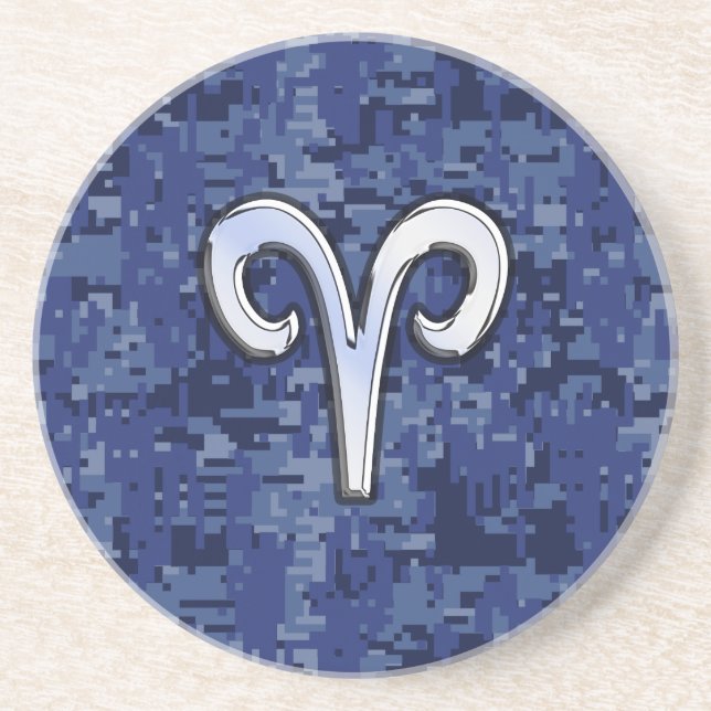 Modern Aries Zodiac Symbol Navy Blue Digital Camo Coaster (Front)