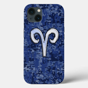 Modern Aries Zodiac Symbol Navy Blue Digital Camo iPhone 13 Case