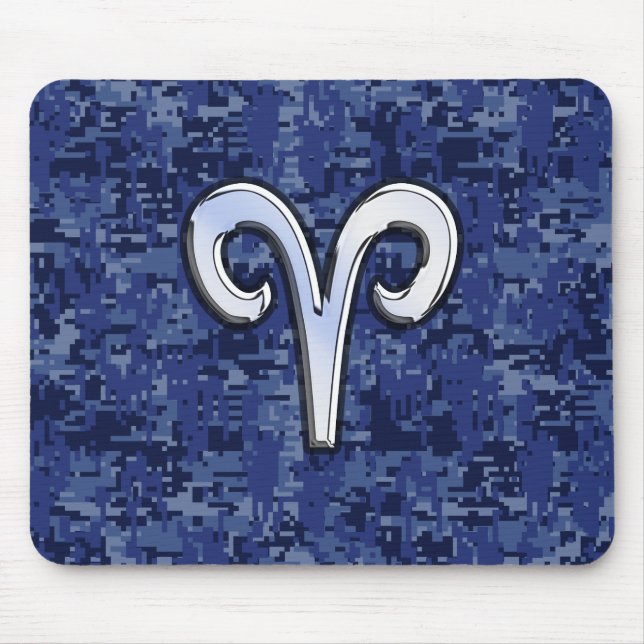 Modern Aries Zodiac Symbol Navy Blue Digital Camo Mouse Pad (Front)