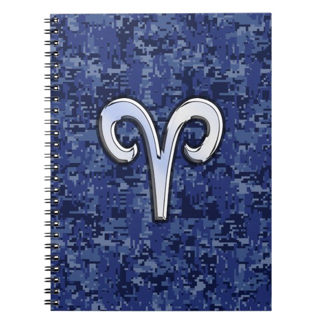 Modern Aries Zodiac Symbol Navy Blue Digital Camo Spiral Notebook (Front)
