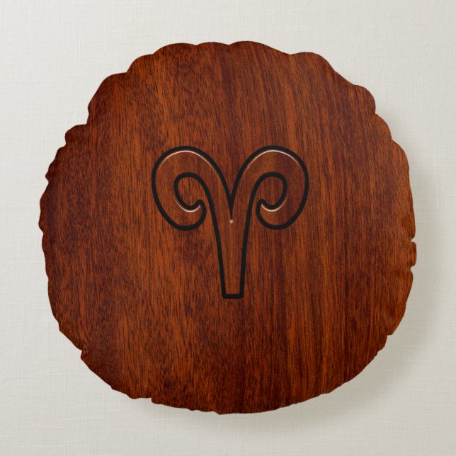 Modern Aries Zodiac Symbol on Mahogany like print Round Cushion (Front)