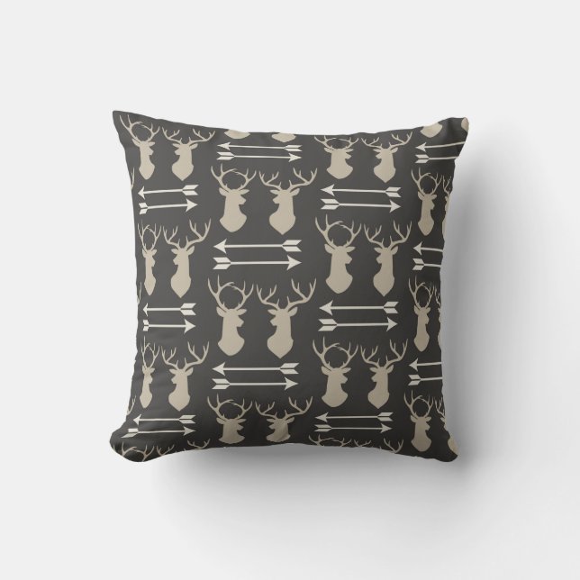 Modern arrows stag head black white taupe cushion (Front)