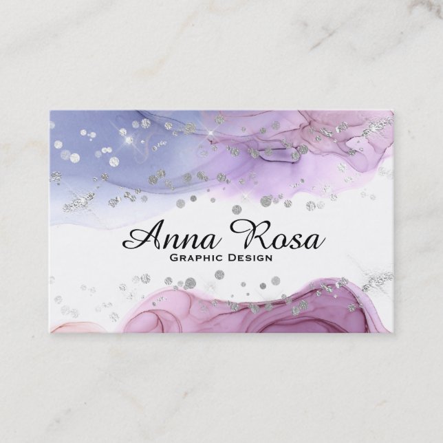 *~* Modern Art Abstract Watercolor Silver Glitter Business Card (Front)