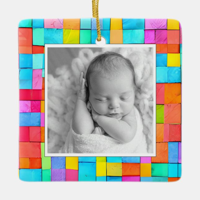 Modern Art Baby Birth Announcement Colourful PHOTO Ceramic Ornament (Front)