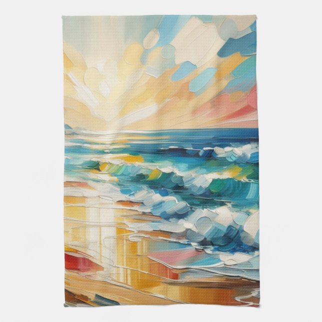 Modern Art Beach Sunset Art Design Tea Towel (Vertical)