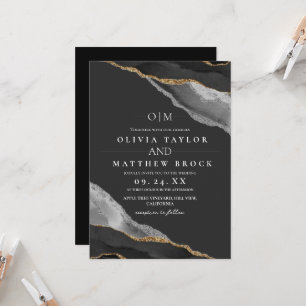Modern Art  Black and Gray Silver Agate Wedding Invitation