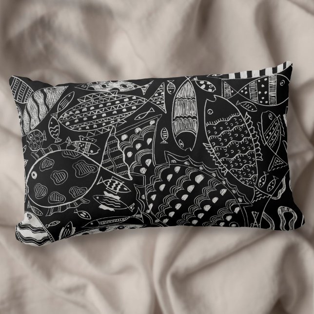 Modern Art Black And White Fish Pattern Lumbar Cushion (Creator Uploaded)