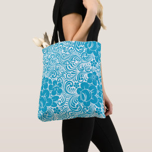Modern Art Blue Flowers illustrated Floral Pattern Tote Bag