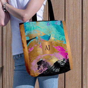 Modern art brush strokes black gold monogrammed tote bag