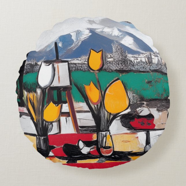 Modern Art Cubism-Fauvism Inspired Round Pillow (Front)