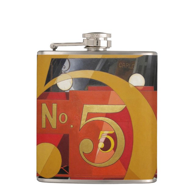 Modern Art Cubist Demuth Figure 5 in Gold Hip Flask (Front)