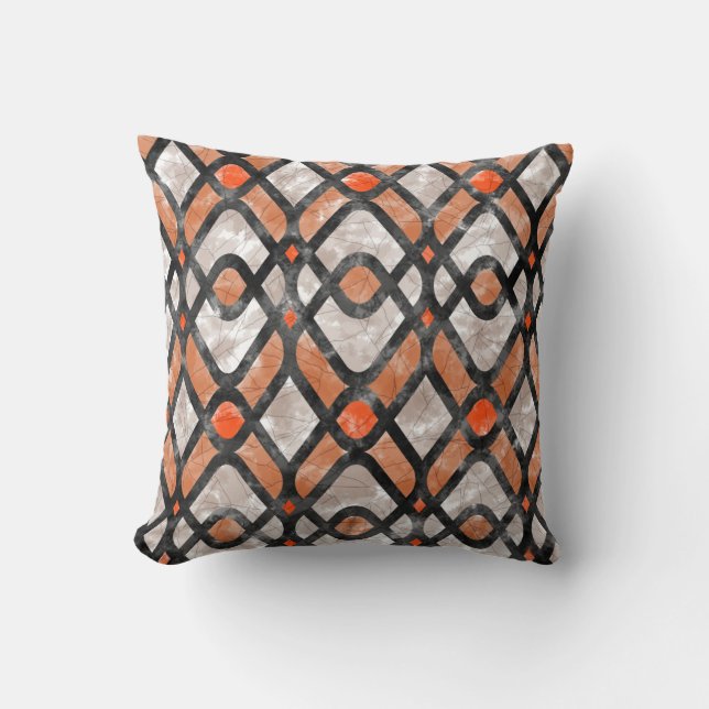 Modern Art Deco Batik in Orange and Black Cushion (Front)