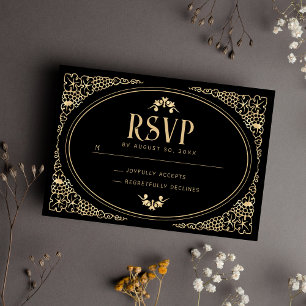 Modern Art Deco Black and Faux Gold RSVP Card