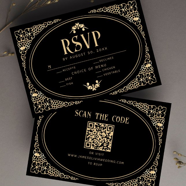 Modern Art Deco Black and Faux Gold RSVP QR Code (Creator Uploaded)