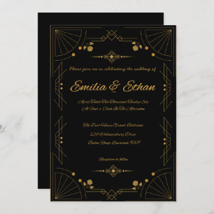 Modern Art Deco Black and Gold Wedding Invitation