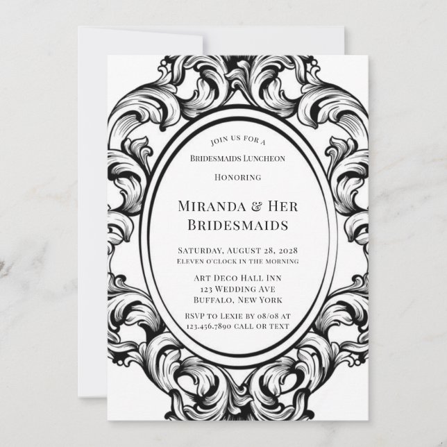 Modern Art Deco Black Foliage Bridesmaids Luncheon Invitation (Front)