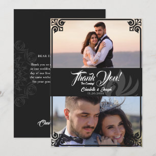 Modern Art Deco Black Swan 2 Photo Wedding Thank You Card