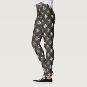 Modern Art Deco Black, White And Gold Fan Leggings