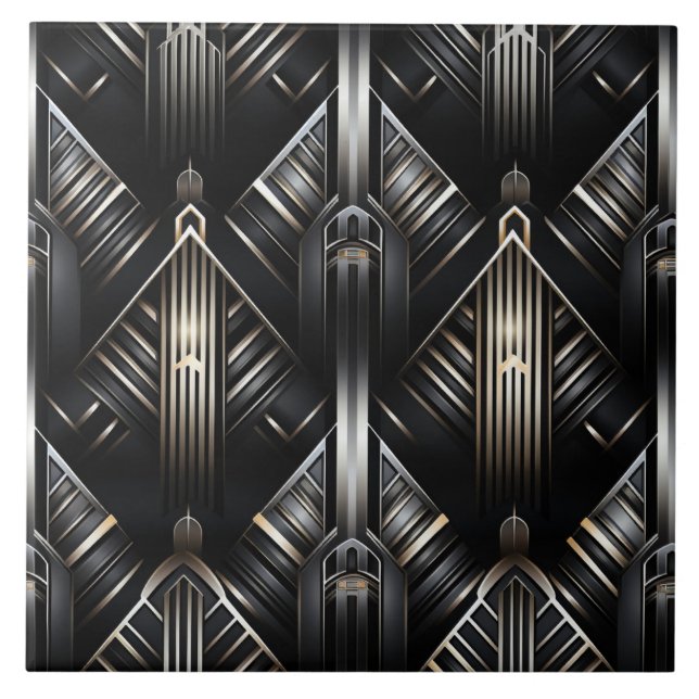 Modern Art Deco, Chiaroscuro, Gold and Black Tile (Front)