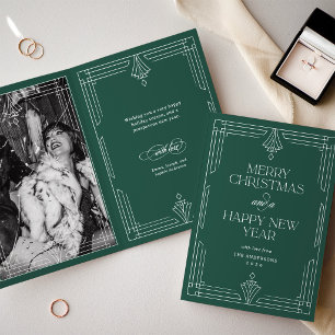 Modern Art Deco Christmas Photo   Elegant Green Holiday Card