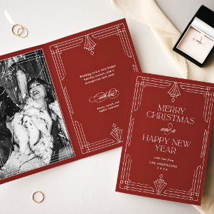 Modern Art Deco Christmas Photo   Elegant Red Holiday Card