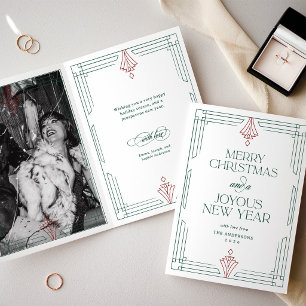 Modern Art Deco Christmas Photo   White with Green Holiday Card