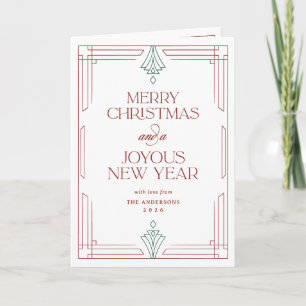 Modern Art Deco Christmas Photo   White with Red Holiday Card