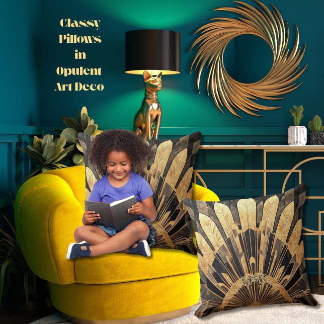 Modern Art Deco Gold Black Sunburst Motif 20 x 20 Cushion (Personalized Art Deco sunburst motif throw pillows with your personal or business initials/monogram)