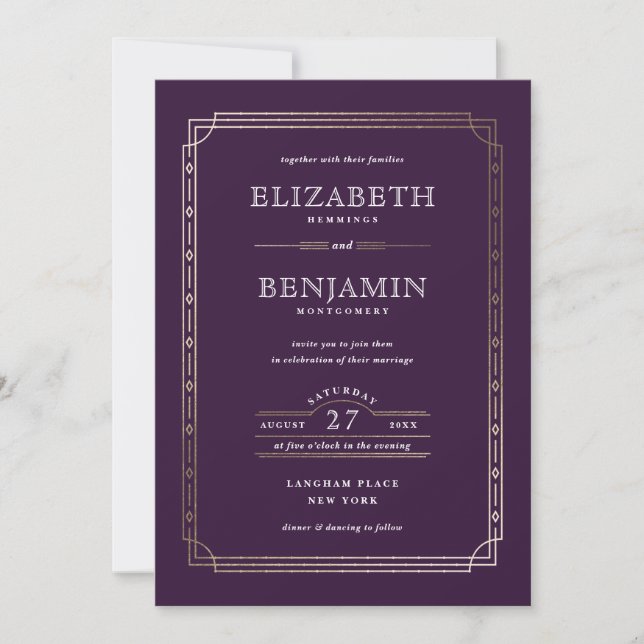 Modern Art Deco Gold Foil Border Purple Wedding Invitation (Front)
