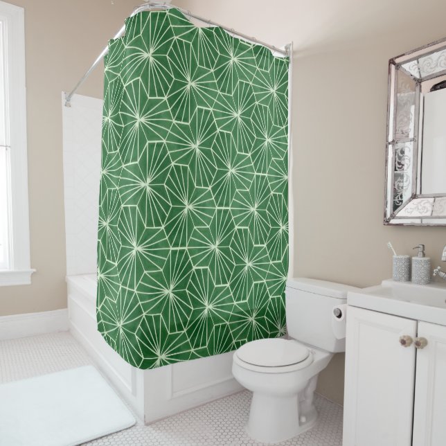 Modern Art Deco Lime Green Geometrical Pattern Shower Curtain (In Situ)