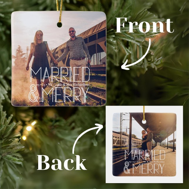 Modern Art Deco Married & Merry Newlyweds Ceramic Ornament (Creator Uploaded)