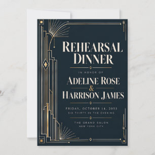 Modern Art Deco Midnight Black Tie Rehearsal Dinne Invitation