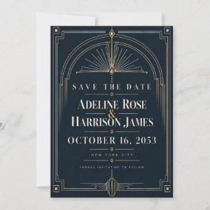 Modern Art Deco Midnight Black Tie Save the Date I Invitation