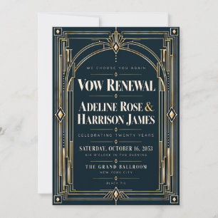Modern Art Deco Midnight Black Tie Vow Renewal Inv Invitation