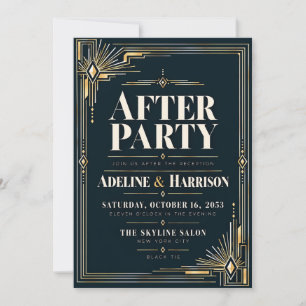Modern Art Deco Midnight Black Tie Wedding After P Invitation