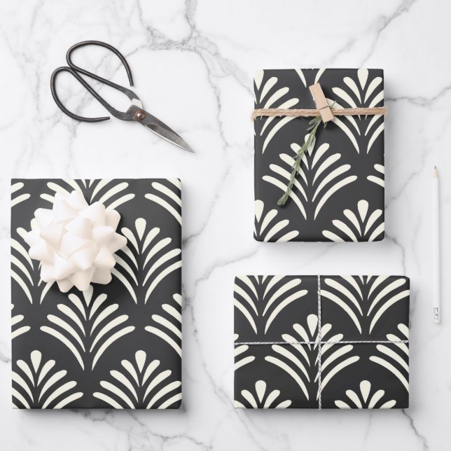 Modern Art Deco Motif Pattern Black and White Wrapping Paper Sheet (Front)