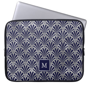 Modern Art Deco Navy and Faux Silver Monogram Laptop Sleeve
