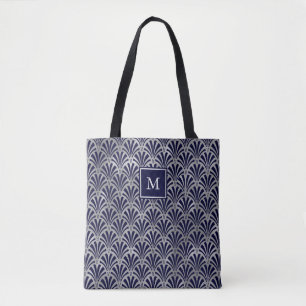 Modern Art Deco Navy and Faux Silver Monogram Tote Bag