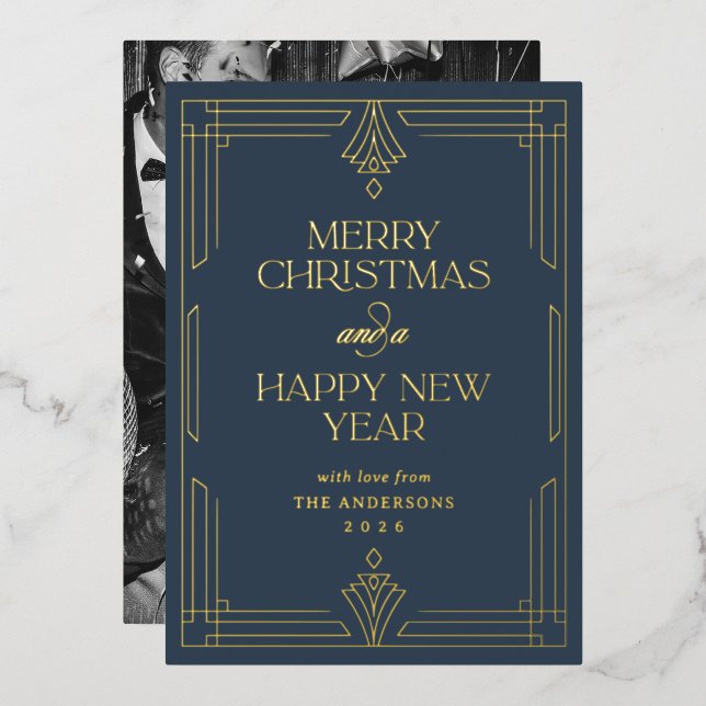 Modern Art Deco Navy Blue Christmas Gold (Front/Back)