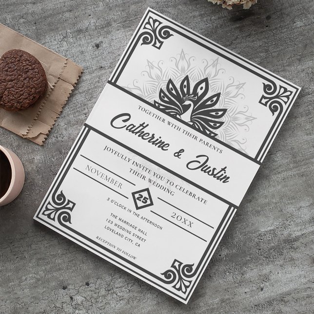Modern Art Deco Peacock Black and White Wedding Invitation (Creator Uploaded)