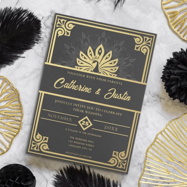 Modern Art Deco Peacock Gold and Black Wedding Invitation (Creator Uploaded)