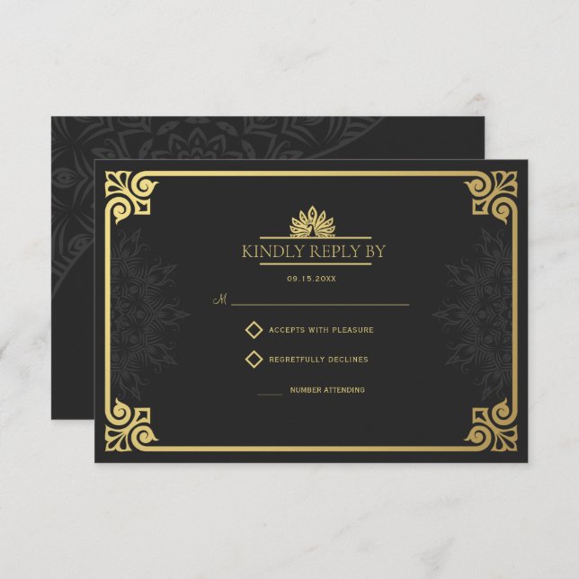 Modern Art Deco Peacock Gold and Black Wedding RSVP Card (Front/Back)