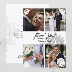 Modern Art Deco Peacock White 4 Photo Wedding Thank You Card