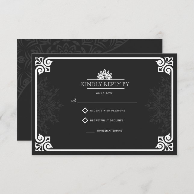 Modern Art Deco Peacock White and Black Wedding RSVP Card (Front/Back)