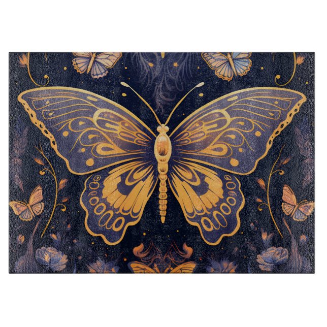 Modern Art Deco Purple Blue Gold Butterfly Cutting Board (Front)