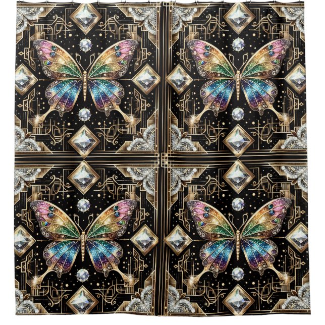 Modern Art Deco Rainbow Butterfly Shower Curtain (Front)