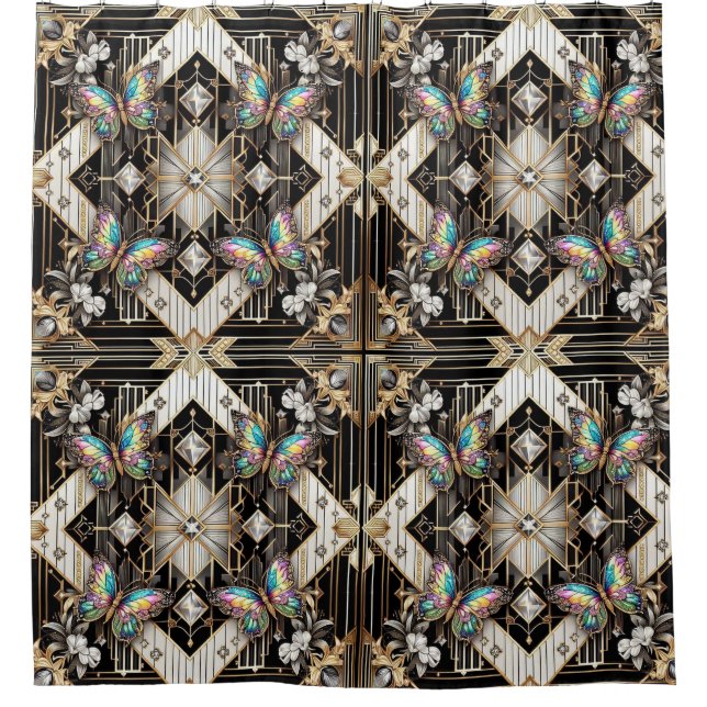 Modern Art Deco Rainbow Butterfly Shower Curtain (Front)